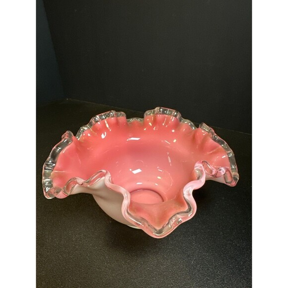 Vintage Pink Opalescent Ruffled Edge Art Glass Bowl Vase 6.75" x 3.5" - Picture 6 of 8